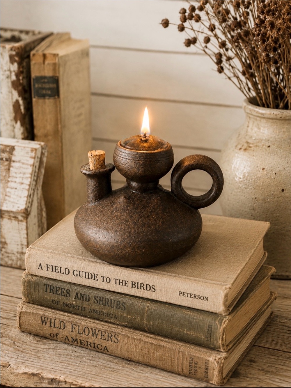 Vintage Stamped Rustic Pottery Oil Lamp. Brown | Wabi-Sabi | Artisan